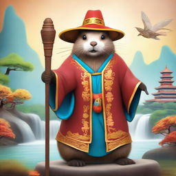 A majestic beaver dressed as a sorcerer, standing in a traditional Chinese landscape