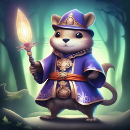 A beaver transformed into a yokai, dressed in elaborate witch armor and holding a magical staff