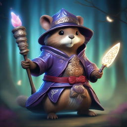 A beaver transformed into a yokai, dressed in elaborate witch armor and holding a magical staff