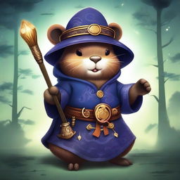 A beaver transformed into a yokai, dressed in elaborate witch armor and holding a magical staff