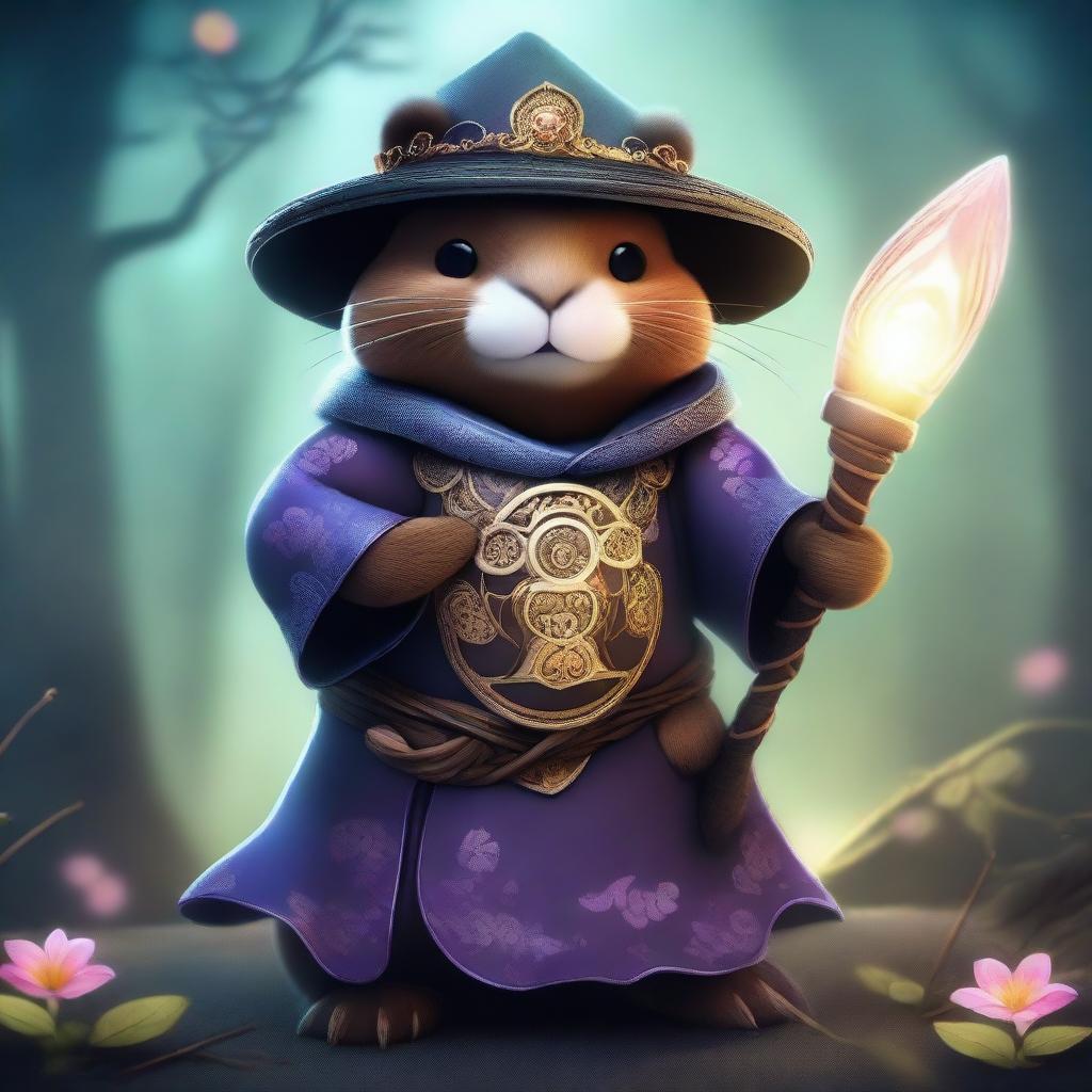 A beaver transformed into a yokai, dressed in elaborate witch armor and holding a magical staff