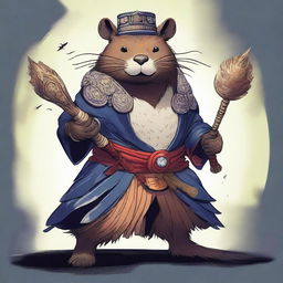 A giant beaver transformed into a yokai, dressed in elaborate witch armor and wielding a massive club