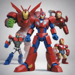 Inventive conceptual fusion of Ben 10, Optimus Prime, Goku, and Iron Man, combining distinctive elements from each character