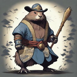 A giant beaver transformed into a yokai, dressed in elaborate witch armor and wielding a massive club