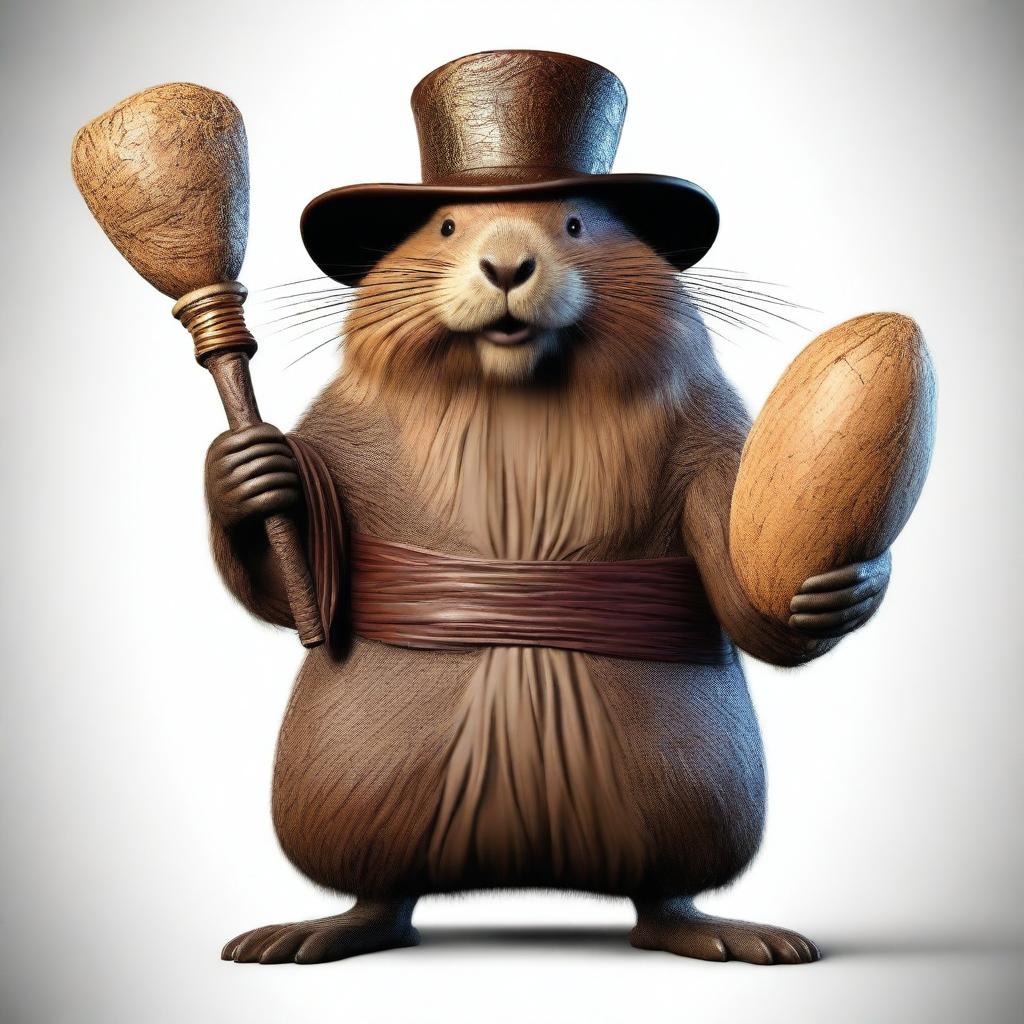 A realistic depiction of a giant beaver dressed as a sorcerer, holding a large club