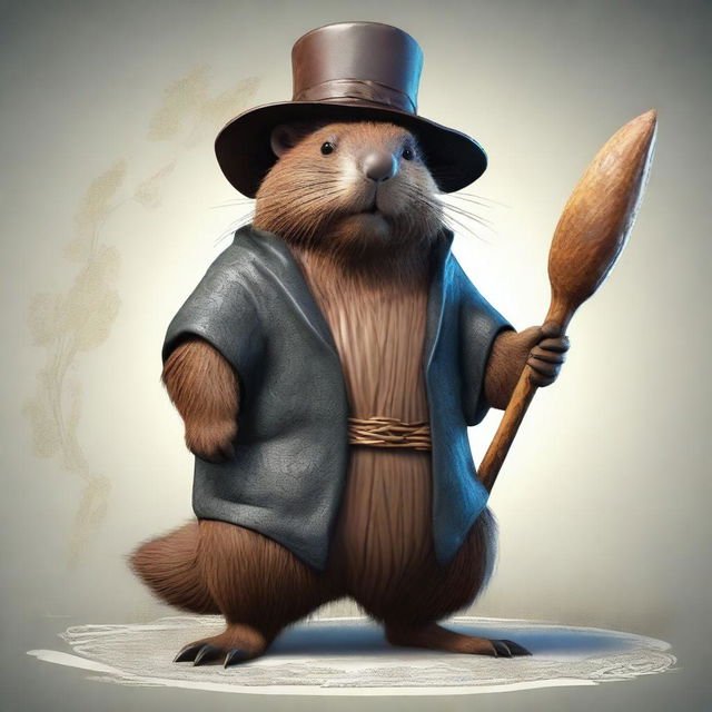 A realistic depiction of a giant beaver dressed as a sorcerer, holding a large club