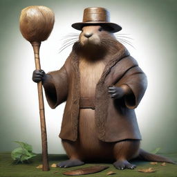 A realistic depiction of a giant beaver dressed as a sorcerer, holding a large club