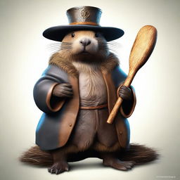 A realistic depiction of a giant beaver dressed as a sorcerer, holding a large club