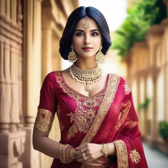 A beautiful Indian woman in traditional attire, showcasing elegance and grace with a hint of allure