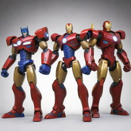 Inventive conceptual fusion of Ben 10, Optimus Prime, Goku, and Iron Man, combining distinctive elements from each character