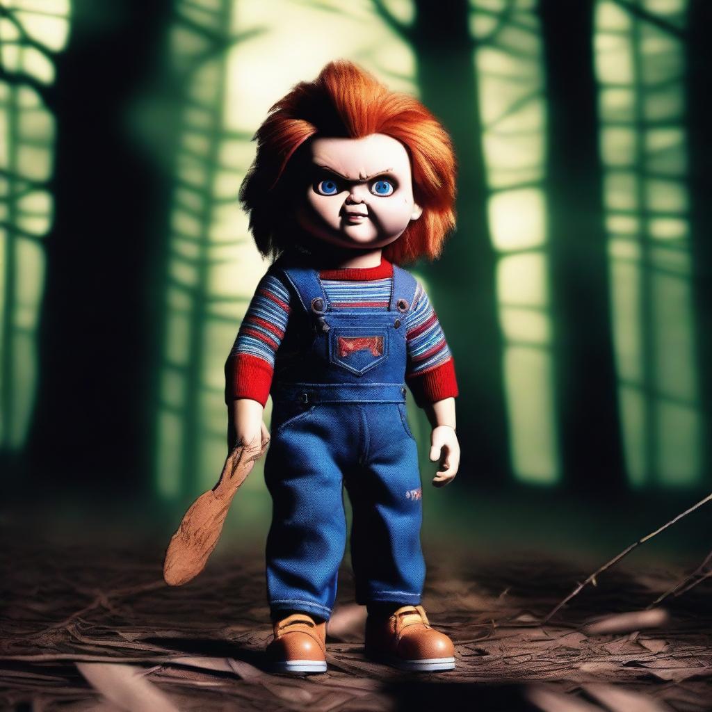 Create an image of Chucky, the iconic horror doll, standing in a spooky forest