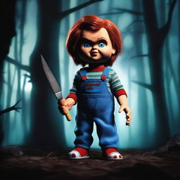 Create an image of Chucky, the iconic horror doll, standing in a spooky forest