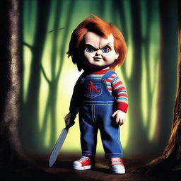 Create an image of Chucky, the iconic horror doll, standing in a spooky forest