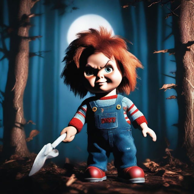 Create an image of Chucky, the iconic horror doll, standing in a spooky forest