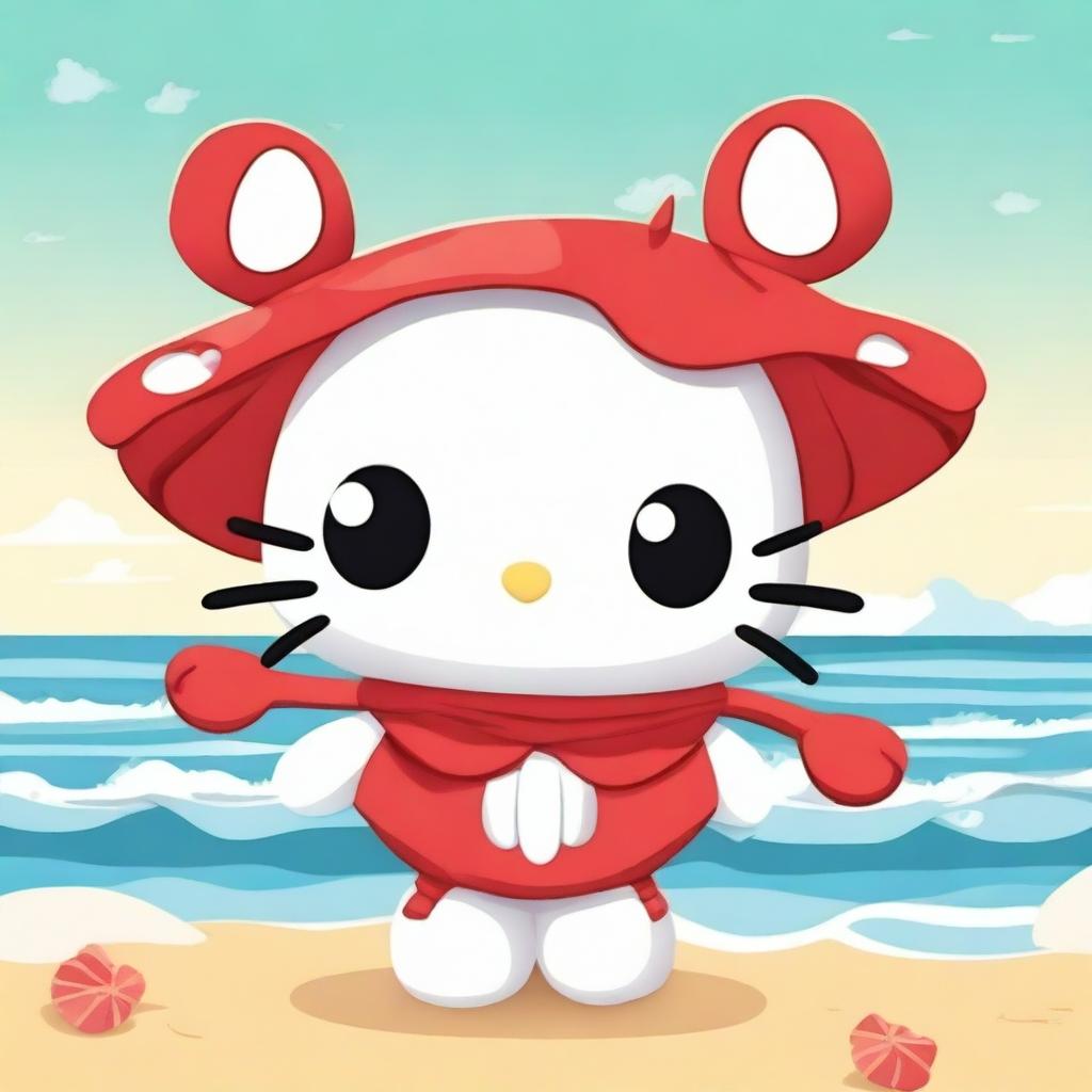 A cute Hello Kitty character dressed as a crab, with a red crab shell and claws