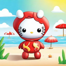 A cute Hello Kitty character dressed as a crab, with a red crab shell and claws