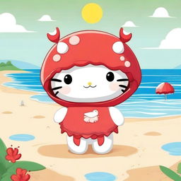 A cute Hello Kitty character dressed as a crab, with a red crab shell and claws