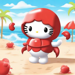 A cute Hello Kitty character dressed as a crab, with a red crab shell and claws