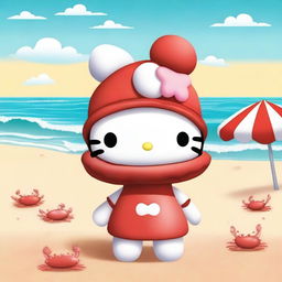 A cute Hello Kitty character wearing a crab hat