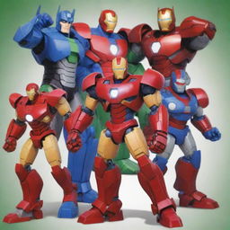 Creative amalgamation of Ben 10, Optimus Prime, Goku, and Iron Man, merging significant attributes from each character