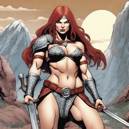 A detailed bust of Red Sonja, the fierce warrior with flowing red hair, wearing her iconic chainmail bikini and holding a sword