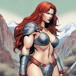 A detailed bust of Red Sonja, the fierce warrior with flowing red hair, wearing her iconic chainmail bikini and holding a sword