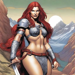 A detailed bust of Red Sonja, the fierce warrior with flowing red hair, wearing her iconic chainmail bikini and holding a sword