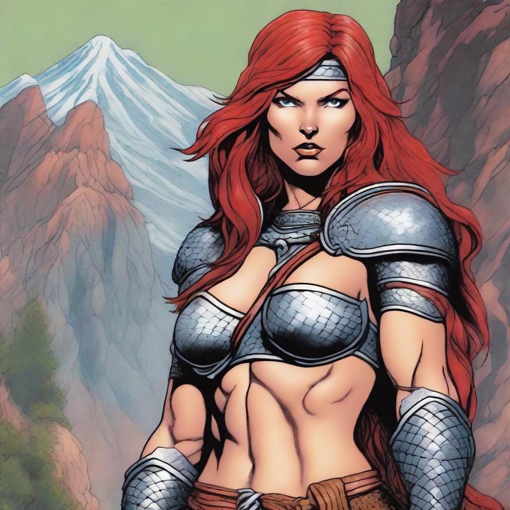 A detailed bust of Red Sonja, the fierce warrior with flowing red hair, wearing her iconic chainmail bikini and holding a sword