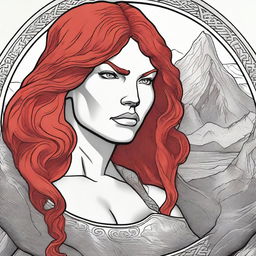 A detailed illustration of a coin featuring Red Sonja