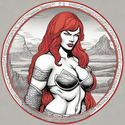 A detailed illustration of a coin featuring Red Sonja