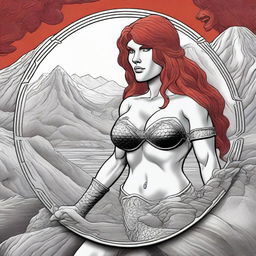 A detailed illustration of a coin featuring Red Sonja