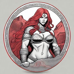 A detailed illustration of a coin featuring Red Sonja