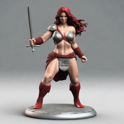 A 3D STL model of Red Sonja, the fierce warrior with flowing red hair, in a dynamic pose