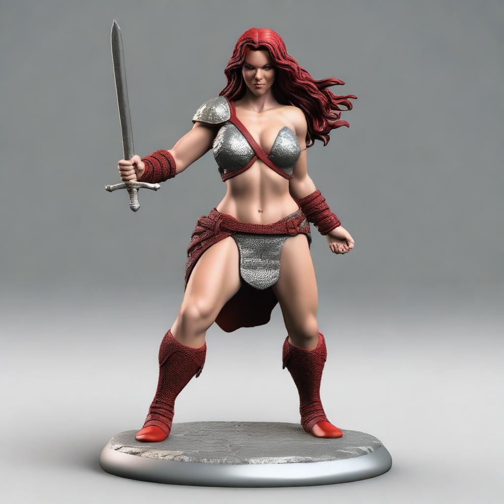 A 3D STL model of Red Sonja, the fierce warrior with flowing red hair, in a dynamic pose