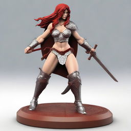 A 3D STL model of Red Sonja, the fierce warrior with flowing red hair, in a dynamic pose