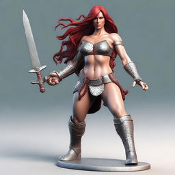 A 3D STL model of Red Sonja, the fierce warrior with flowing red hair, in a dynamic pose