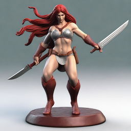 A 3D STL model of Red Sonja, the fierce warrior with flowing red hair, in a dynamic pose