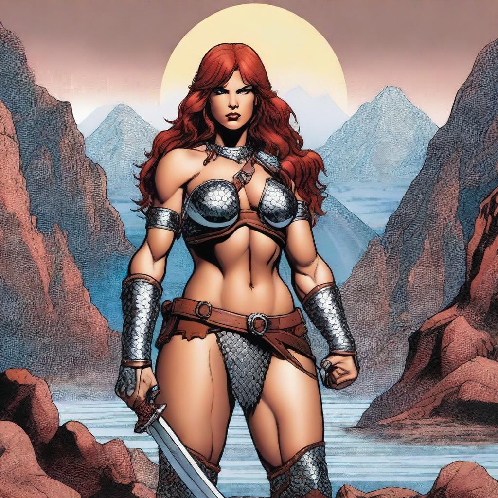 A detailed bust of Red Sonja, the fierce warrior with flowing red hair, wearing her iconic chainmail bikini