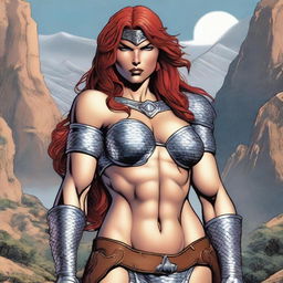 A detailed bust of Red Sonja, the fierce warrior with flowing red hair, wearing her iconic chainmail bikini