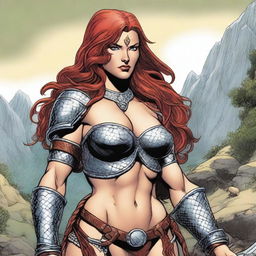 A detailed bust of Red Sonja, the fierce warrior with flowing red hair, wearing her iconic chainmail bikini