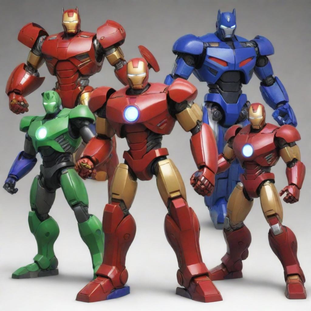 Creative amalgamation of Ben 10, Optimus Prime, Goku, and Iron Man, merging significant attributes from each character