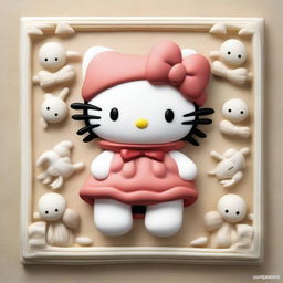 A bas relief of Hello Kitty wearing a crab hat