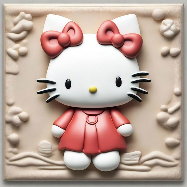 A bas relief of Hello Kitty wearing a crab hat