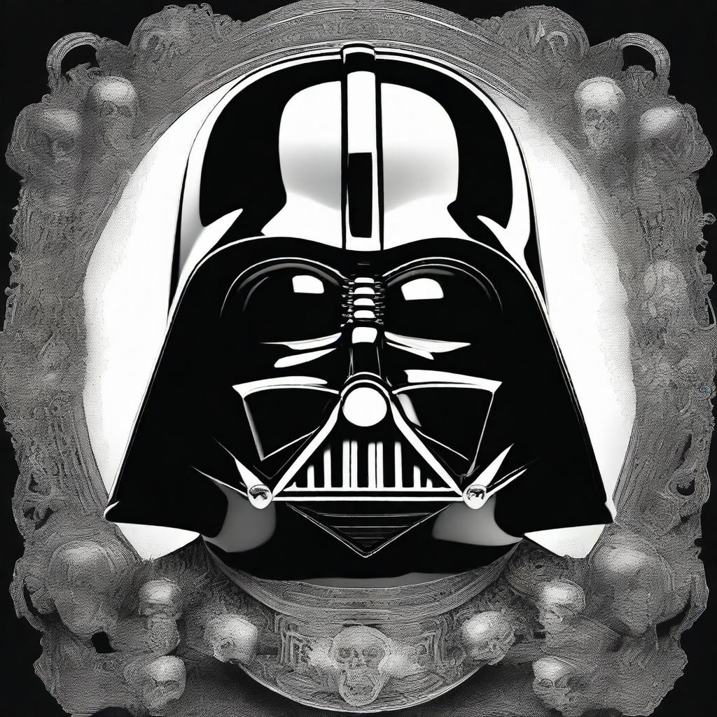 A dramatic and detailed image of Darth Vader with half of his helmet revealing a skull