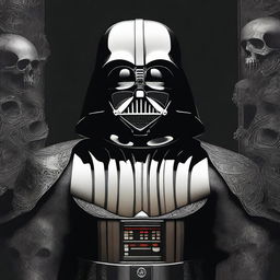 A dramatic and detailed image of Darth Vader with half of his helmet revealing a skull