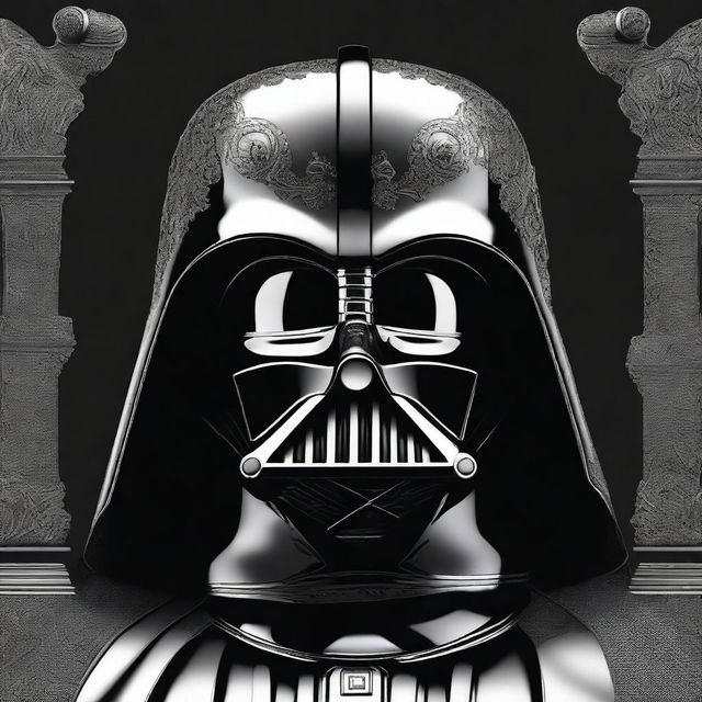 A dramatic and detailed image of Darth Vader with half of his helmet revealing a skull