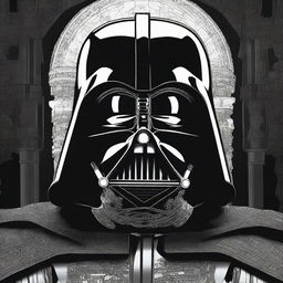 A dramatic and detailed image of Darth Vader with his helmet partially removed to reveal a skull underneath