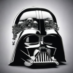 A detailed illustration of Darth Vader's helmet fused with a human skull