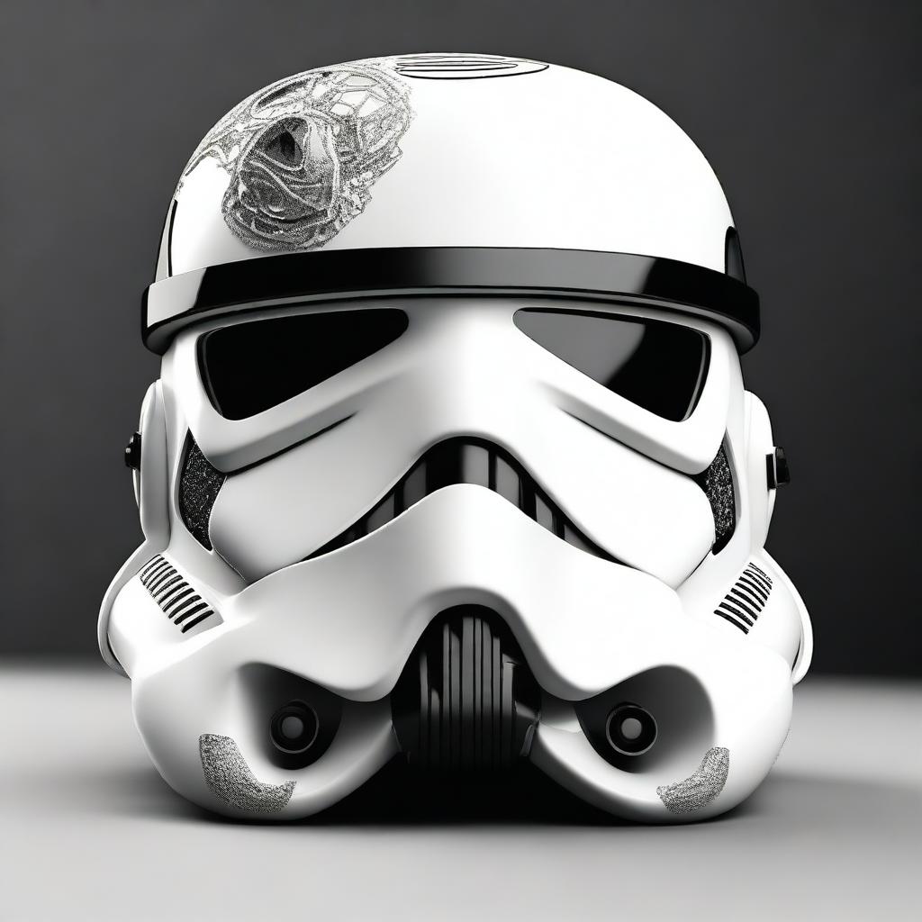 A dramatic and detailed image of a Stormtrooper helmet with part of it removed to reveal a skull underneath