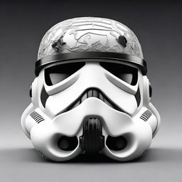 A dramatic and detailed image of a Stormtrooper helmet with part of it removed to reveal a skull underneath